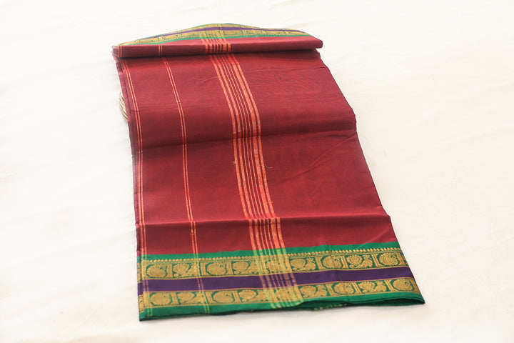 Maroon Cotton Saree with Dark Green Peacock and Mango Design Gold Zari Border