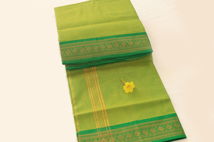 Parrot Green Cotton Saree with Bottle Green Gold Zari Border