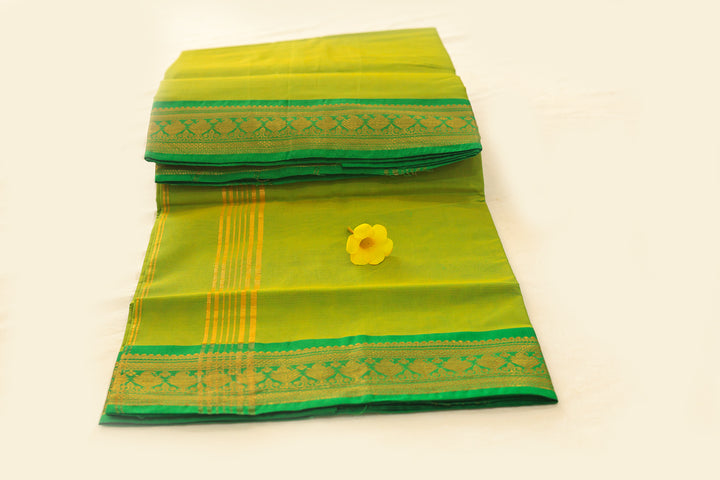 Parrot Green Cotton Saree with Bottle Green Gold Zari Border