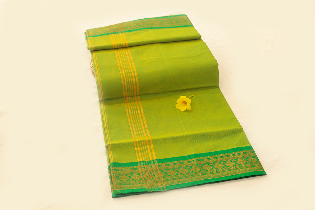 Parrot Green Cotton Saree with Bottle Green Gold Zari Border