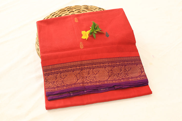 Red Cotton Saree with Violet Mango Copper Zari Border and Small Floral Buttas