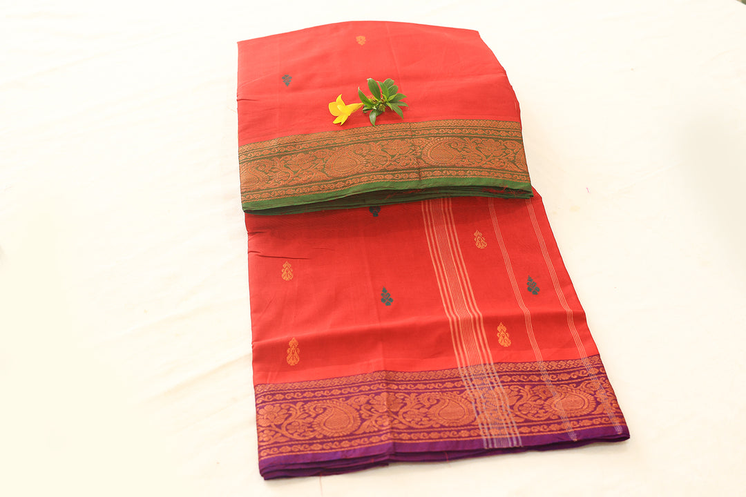 Red Cotton Saree with Violet Mango Copper Zari Border and Small Floral Buttas