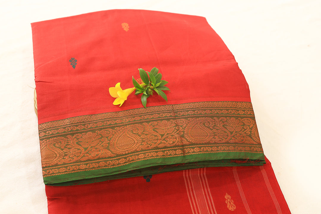 Red Cotton Saree with Violet Mango Copper Zari Border and Small Floral Buttas