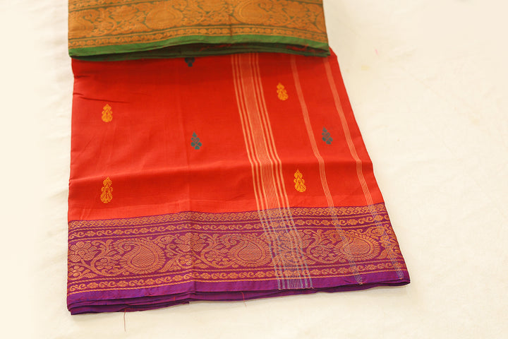 Red Cotton Saree with Violet Mango Copper Zari Border and Small Floral Buttas