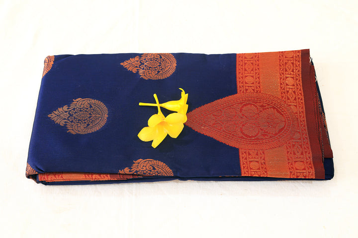 Royal Blue Silk Cotton Saree with Maroon Copper Zari Border and Floral Buttas