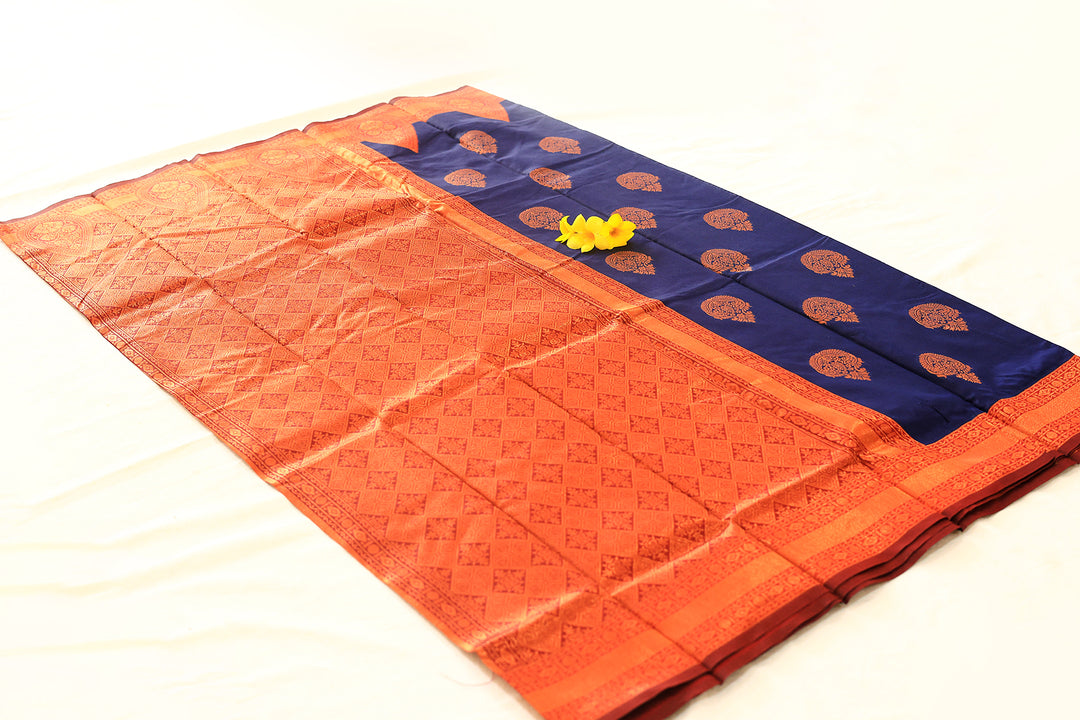 Royal Blue Silk Cotton Saree with Maroon Copper Zari Border and Floral Buttas