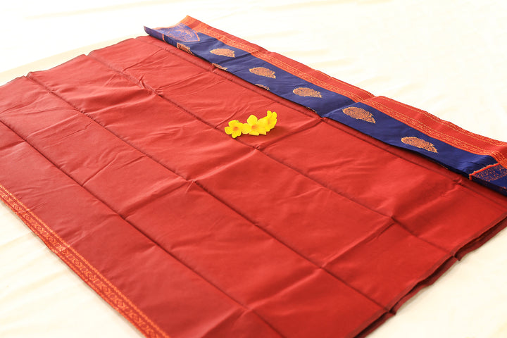 Royal Blue Silk Cotton Saree with Maroon Copper Zari Border and Floral Buttas