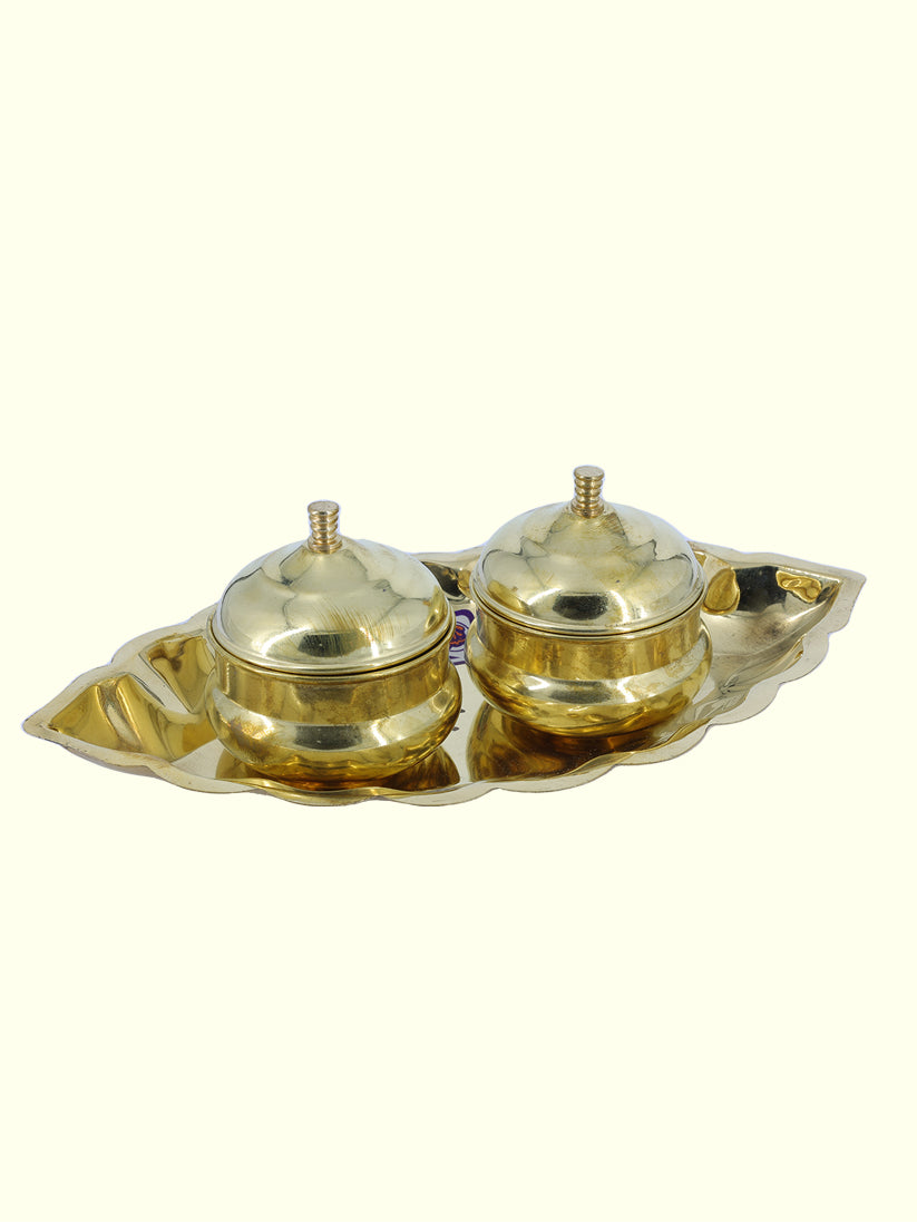 7" Wide 2 Kumkum Box with "Leaf Shaped Plate Design"