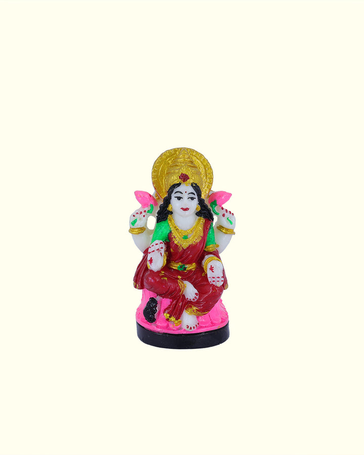 3.5" Lakshmi Sitting with Red Sari Sitting on Throne (Marble Statue)