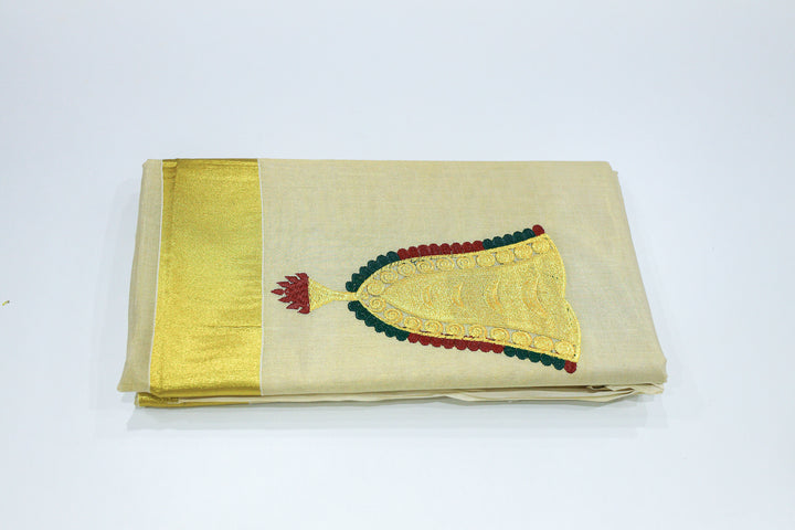 Onam Special Kasavu Kerala Tissue Silk Saree with Embroidery Designs and Running Blouse