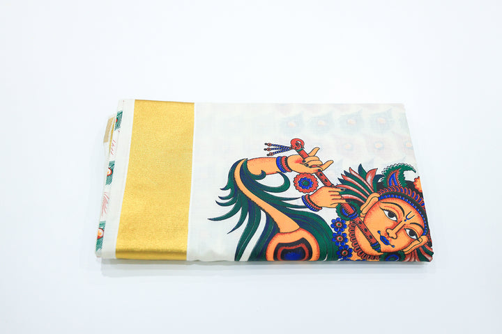 Kerala Kasavu Mural Printed Saree with Golden Zari Border