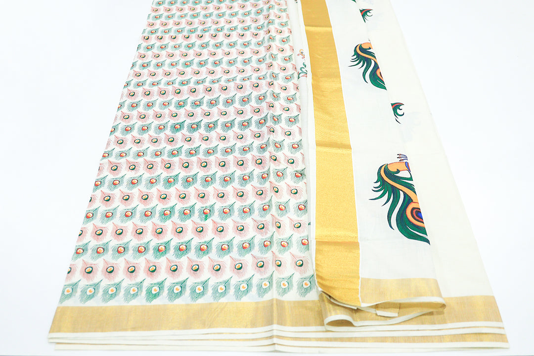 Kerala Kasavu Mural Printed Saree with Golden Zari Border