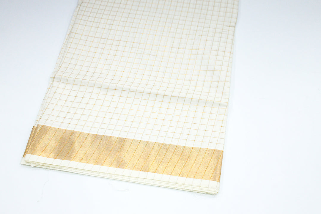 Kerala Saree in Half White with Golden Zari Checks and Border