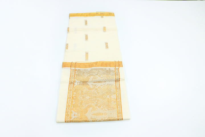 Kerala Onam Saree in Half White with Golden Zari Border and Peacock Zari Pallu