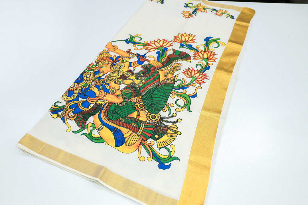 Kerala Kasavu Mural Printed Saree with Golden Zari Border