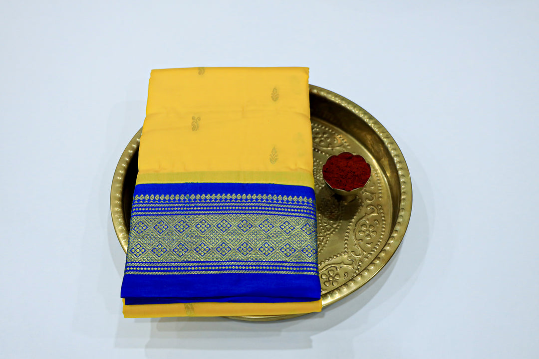 Kanchipuram Pure Silk Saree With Contrast Border, Gold Zari Accents And Tassels