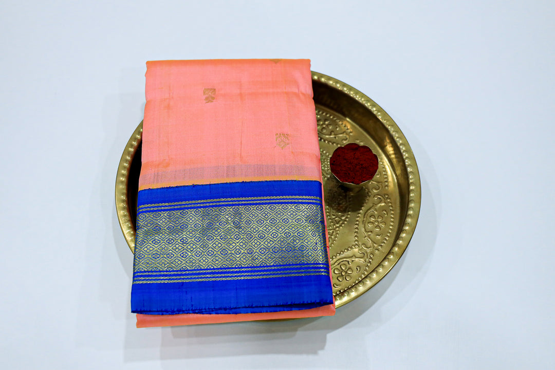 Kanchipuram Pure Silk Saree With Contrast Border, Gold Zari Accents And Tassels