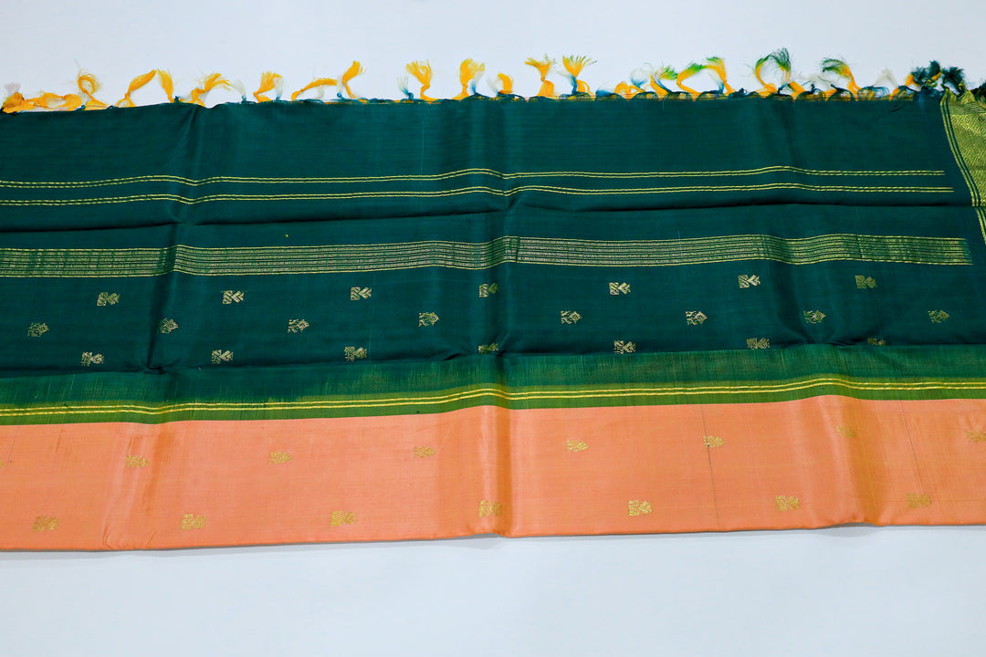 Kanchipuram Pure Silk Saree With Contrast Border, Gold Zari Accents And Tassels