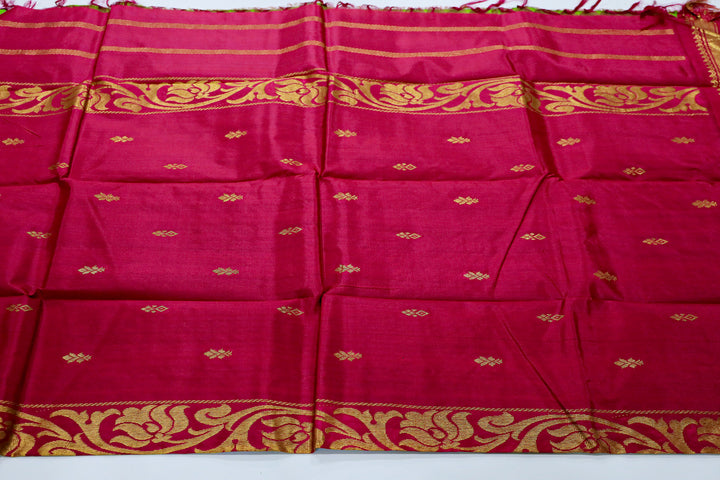 Kanchipuram Pure Silk Saree With Contrast Border, Gold Zari Accents And Tassels