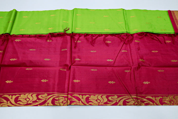 Kanchipuram Pure Silk Saree With Contrast Border, Gold Zari Accents And Tassels