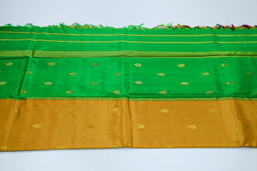 Kanchipuram Pure Silk Saree With Contrast Border, Gold Zari Accents And Tassels