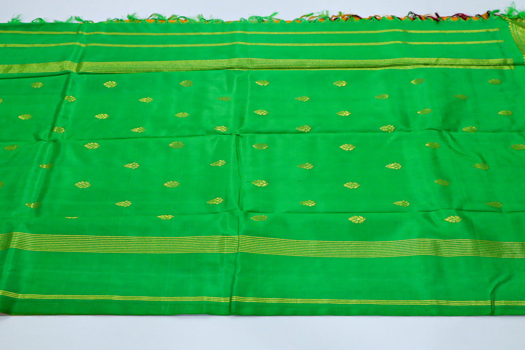 Kanchipuram Pure Silk Saree With Contrast Border, Gold Zari Accents And Tassels