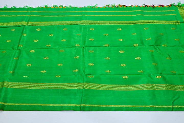 Kanchipuram Pure Silk Saree With Contrast Border, Gold Zari Accents And Tassels