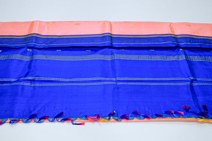 Kanchipuram Pure Silk Saree With Contrast Border, Gold Zari Accents And Tassels