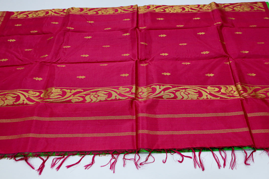 Kanchipuram Pure Silk Saree With Contrast Border, Gold Zari Accents And Tassels