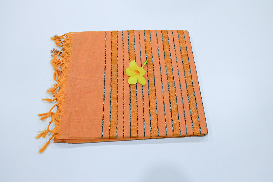 Cotton Saree With Copper Zari Pencil Stripe Pallu And Small Copper Zari Border