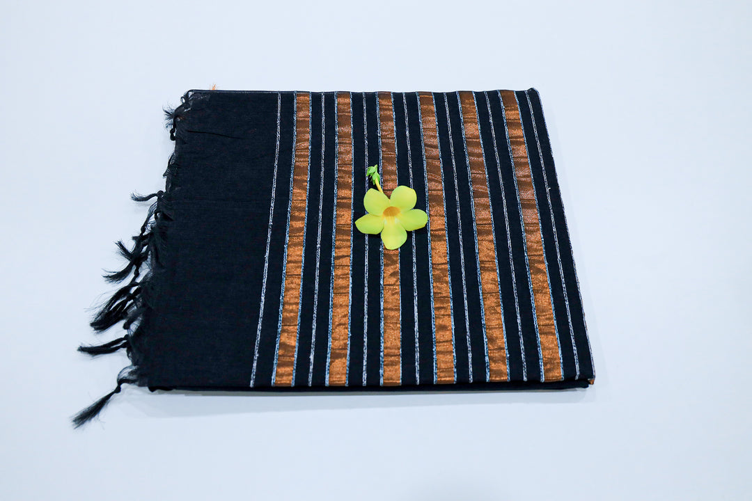 Cotton Saree With Copper Zari Pencil Stripe Pallu And Small Copper Zari Border