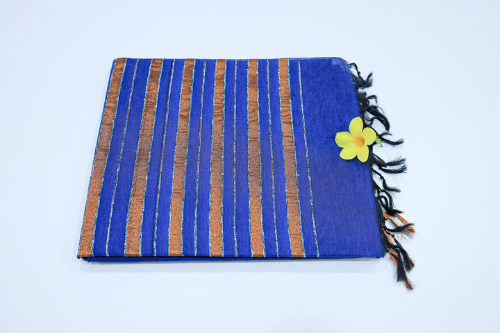 Cotton Saree With Copper Zari Pencil Stripe Pallu And Small Copper Zari Border