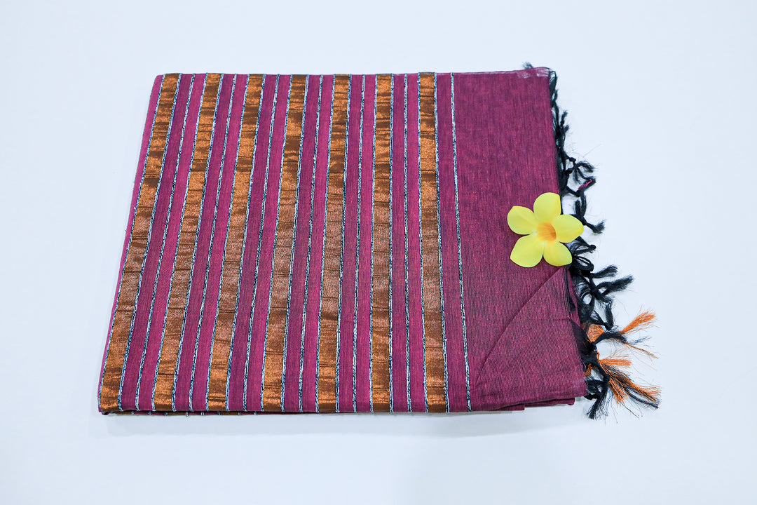 Cotton Saree With Copper Zari Pencil Stripe Pallu And Small Copper Zari Border