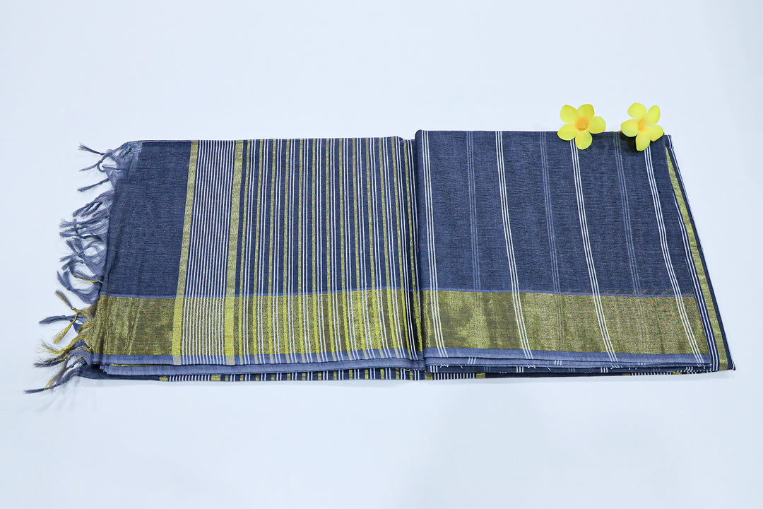 Cotton Saree With White Double Hairline Stripes, Golden Zari Pin Stripe Pallu And Plain Running Blouse