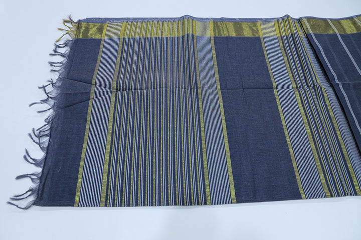 Cotton Saree With White Double Hairline Stripes, Golden Zari Pin Stripe Pallu And Plain Running Blouse