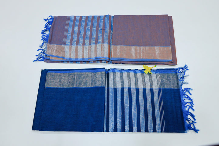 Cotton Saree With Silver Zari Striped Pallu And Plain Blouse