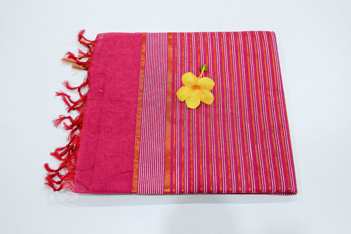 Cotton Saree With White Double Hairline Stripes, Golden Zari Pin Stripe Pallu And Plain Running Blouse