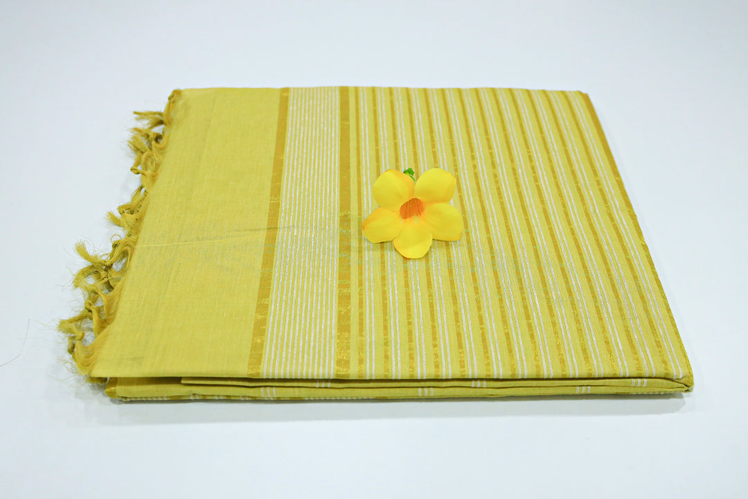 Cotton Saree With White Double Hairline Stripes, Golden Zari Pin Stripe Pallu And Plain Running Blouse