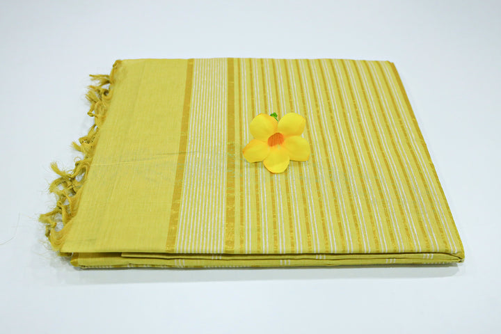 Cotton Saree With White Double Hairline Stripes, Golden Zari Pin Stripe Pallu And Plain Running Blouse