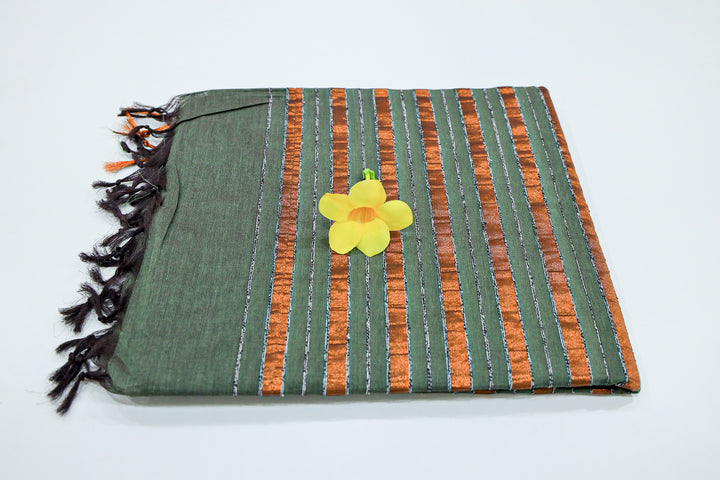 Cotton Saree With Copper Zari Pencil Stripe Pallu And Small Copper Zari Border