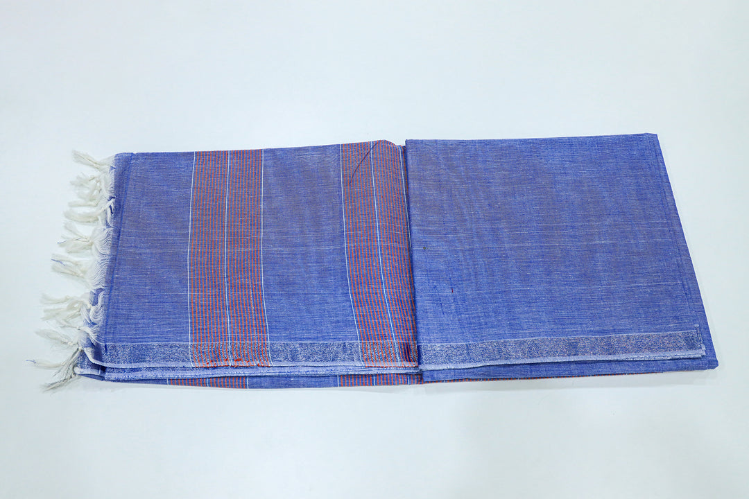 Cotton Saree With Contrast Color Stripes In Pallu, Silver Zari Border And White Threaded Tassels