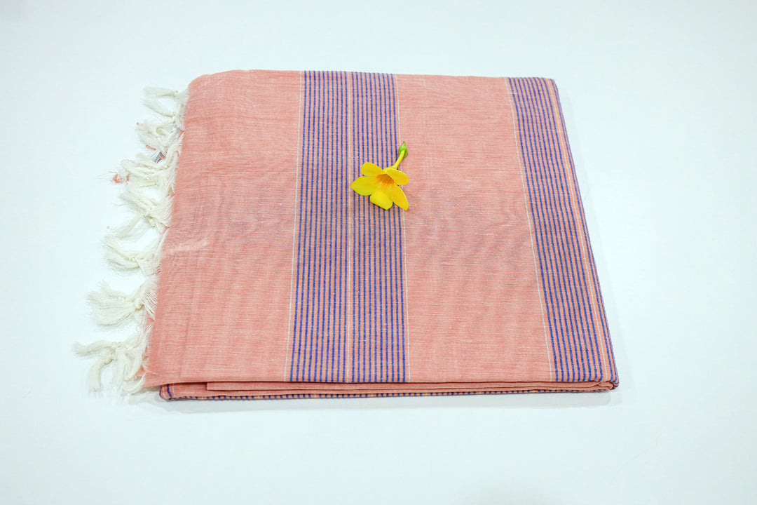 Cotton Saree With Contrast Color Stripes In Pallu, Silver Zari Border And White Threaded Tassels