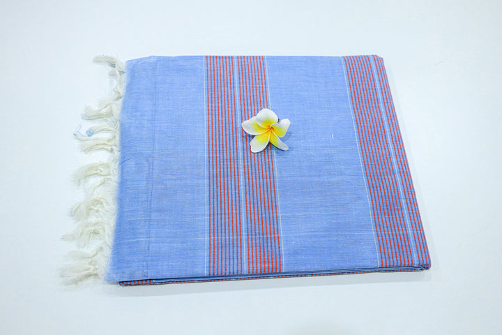 Cotton Saree With Contrast Color Stripes In Pallu, Silver Zari Border And White Threaded Tassels