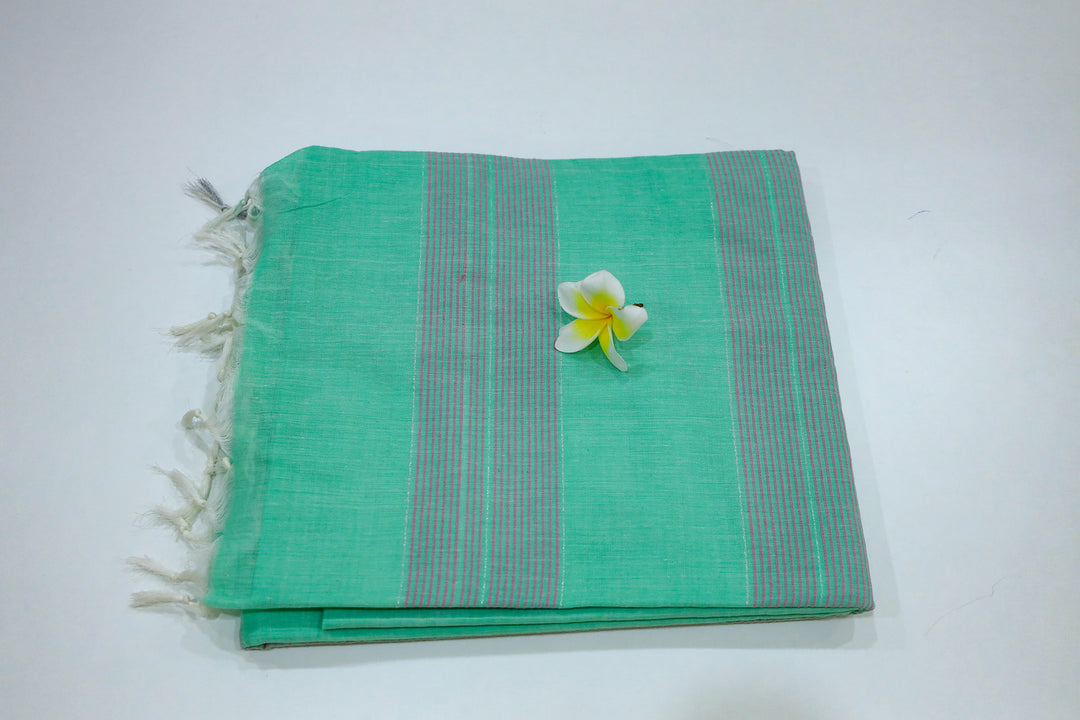 Cotton Saree With Contrast Color Stripes In Pallu, Silver Zari Border And White Threaded Tassels