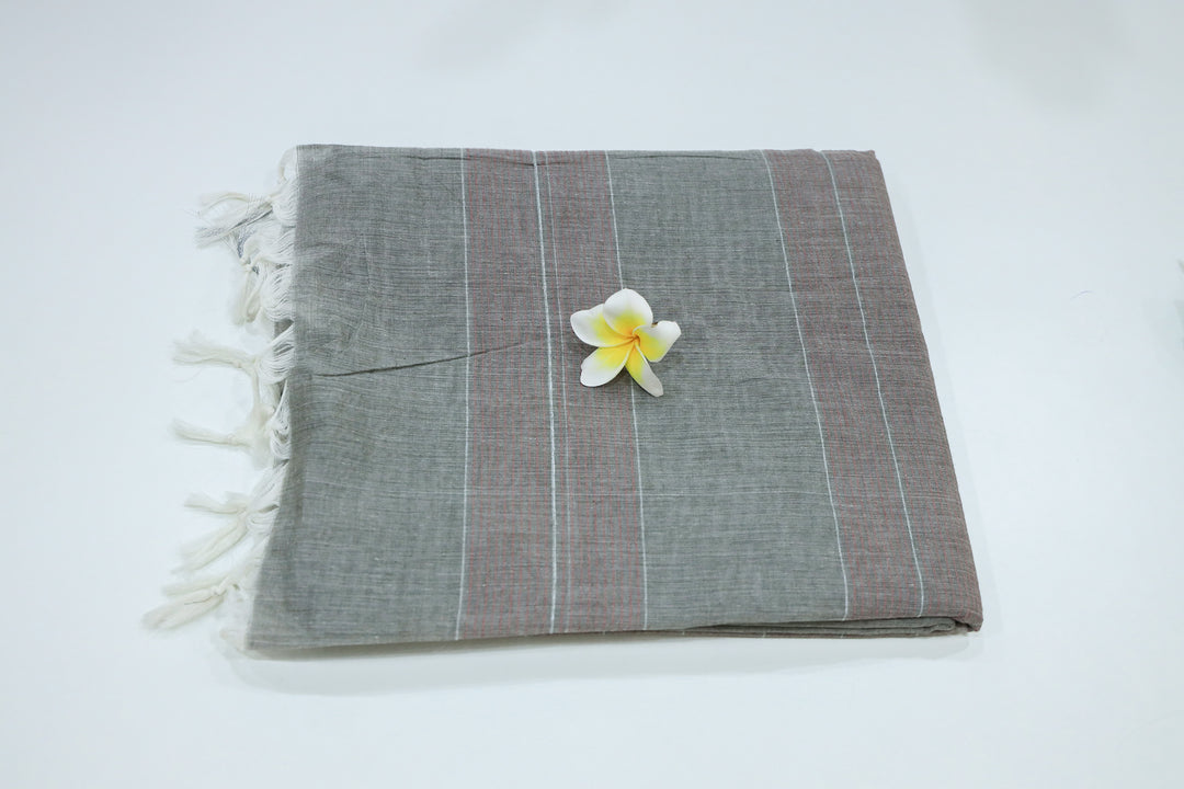 Cotton Saree With Contrast Color Stripes In Pallu, Silver Zari Border And White Threaded Tassels