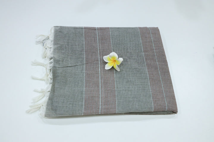 Cotton Saree With Contrast Color Stripes In Pallu, Silver Zari Border And White Threaded Tassels