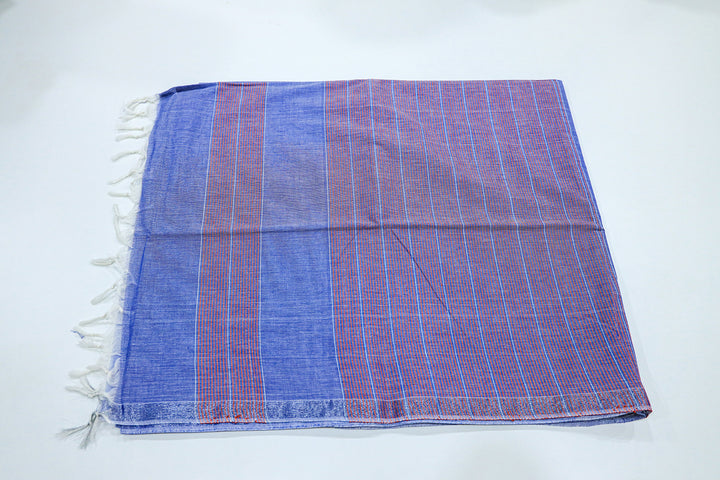 Cotton Saree With Contrast Color Stripes In Pallu, Silver Zari Border And White Threaded Tassels