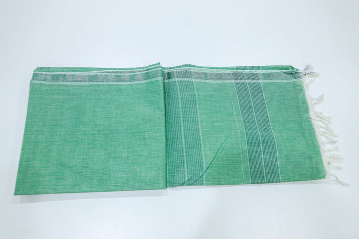 Cotton Saree With Contrast Color Stripes In Pallu, Silver Zari Border And White Threaded Tassels