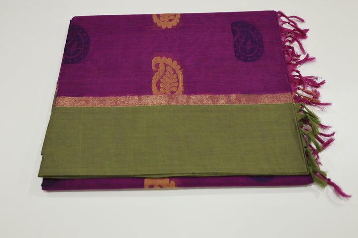 Coimbatore Cotton Saree With Contrast Border, Golden Zari Accents And Floral Butta