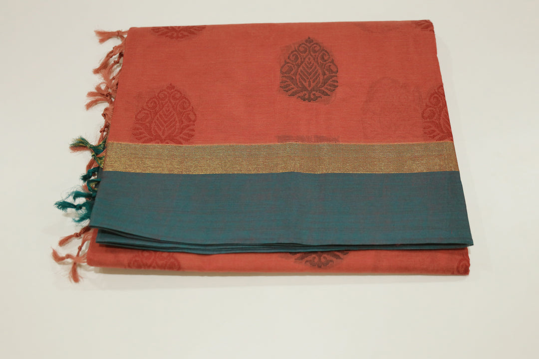 Coimbatore Cotton Saree With Contrast Border, Golden Zari Accents And Floral Butta